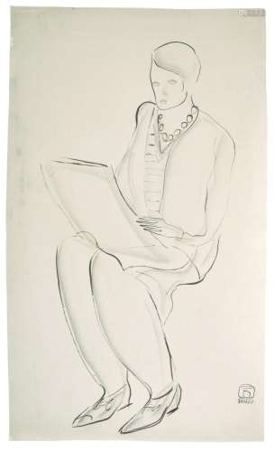 SANYU 1901 - 1966 Femme au collier de perles dessinant Encre...