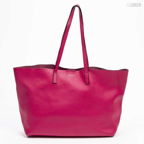 YVES SAINT LAURENT - Grand cabas en veau grainé rose fuchsia...