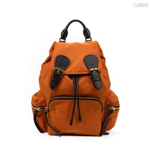 BURBURRY – Sac à dos - Nylon orange – Cuir grainé noir – Int...