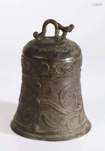 Chinese bronze bell, cast with a beast above a scrolling bod...