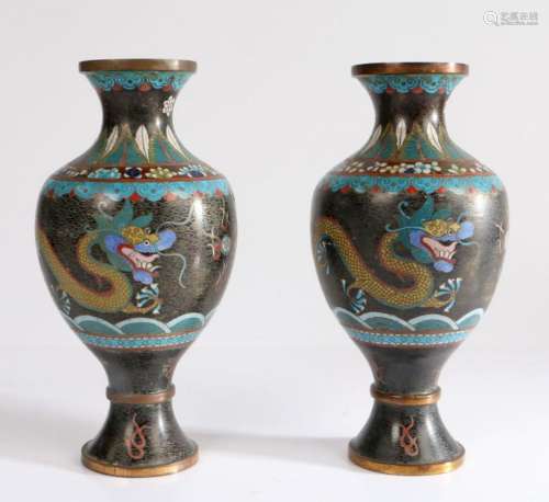 Pair of Chinese cloisonne vases, each with two dragons and a...