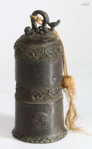 Chinese bronze bell, cast with a dragon loop above a tall bo...