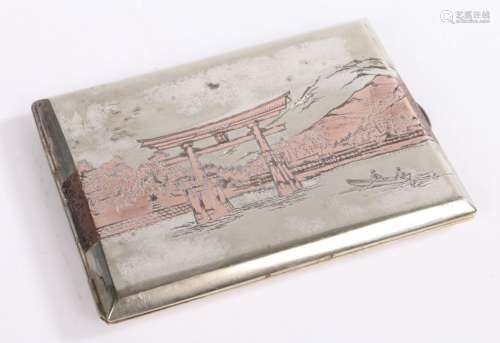 Japanese silver cigarette case, with mountain scene decorati...