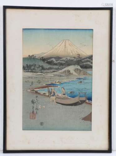 After Hiroshige (1797-1858) Figural view of Fujiyama, woodbl...
