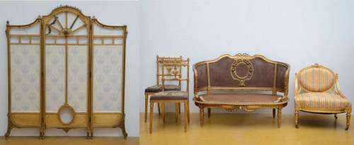Lot gilt furniture in Louis XVI style: canapé + fauteuil + 2...