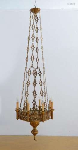 A Gothic revival chandelier in bronze with porcelain plaques...