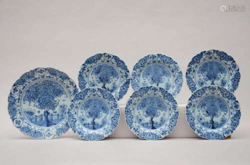 Delft blue plate + six plates 'Tea tree' (dia 25 - 3...