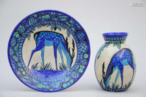 Art Deco vase and plate in crackle glaze, Boch, 'deer...