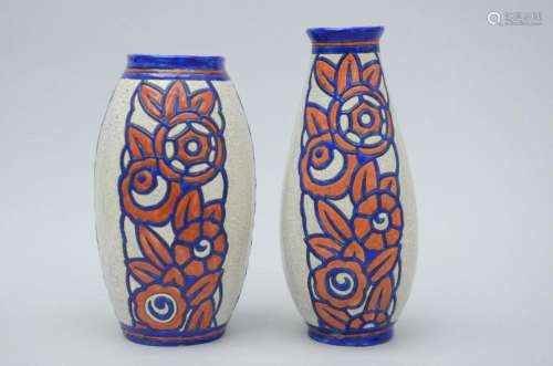 2 Art Deco vases, Boch 'blue flowers' D1102 (h29.5 &...