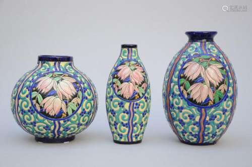 3 Art Deco vases, Boch 'flowers' D2809 (h24 to 31cm)...
