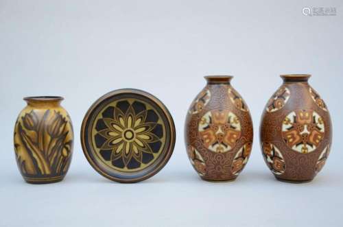3 vases + bowl by Boch Keramis D2524 D977 D1093 (dia 27) (h2...