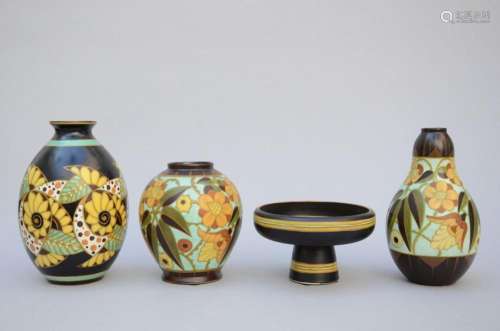 3 Art Deco vases + bowl, Boch Keramis, D1084 D1847 D1233 (di...