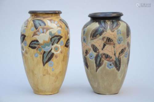 2 Art Déco vases in stoneware Keramis, 'flowers' D12...