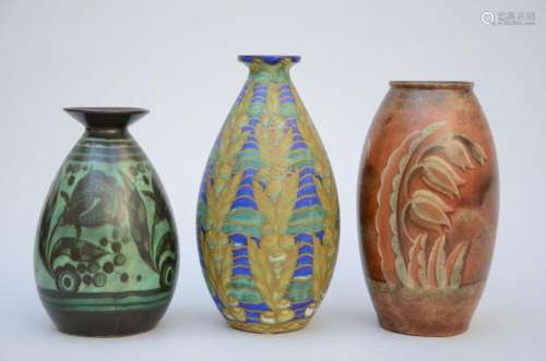 3 Art Deco vases, Boch Keramis, D964 D2225 D2519 (h26 to 32c...