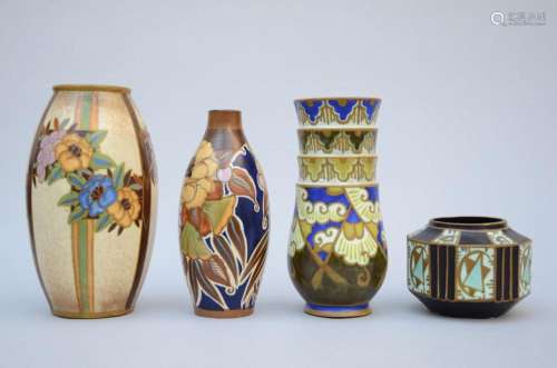4 Art Deco vases, Boch Keramis, D1126 D1256 D2847 D2915 (h13...