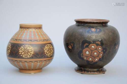 2 Art Deco vases in stoneware Keramis, Boch, 'flowers...