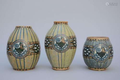 3 Art Deco vases in stoneware Keramis, Boch, 'rooster...