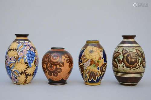 4 Art Deco vases, Boch Keramis, D2845 D2503 D2847 D2360 (h22...