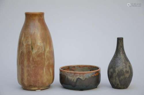 2 vases + deep dish in stoneware, Keramis, 'abstract'...