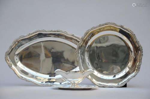 Three-piece silver set: oval and round dish with sauce bowl ...