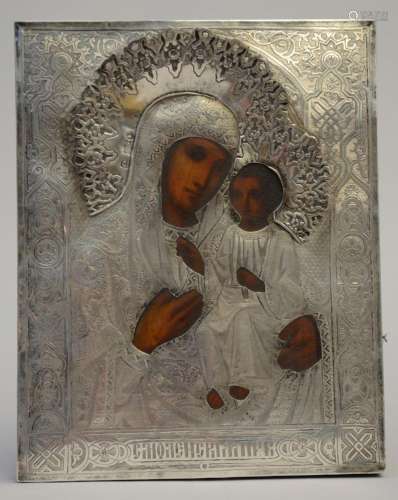 Russian icon 'Mother and Child' with a silver riza (...