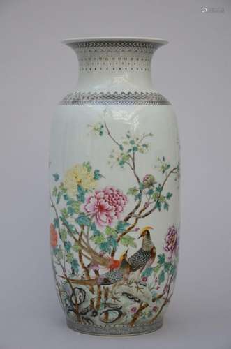 A Chinese famille rose vase 'flowers and birds', mar...