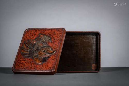 A Japanese red lacquer box with 'demon mask' (19.5x2...