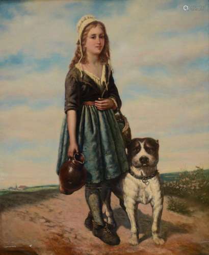 J.G. Buisson: painting (o/p) 'girl with her dog' (50...