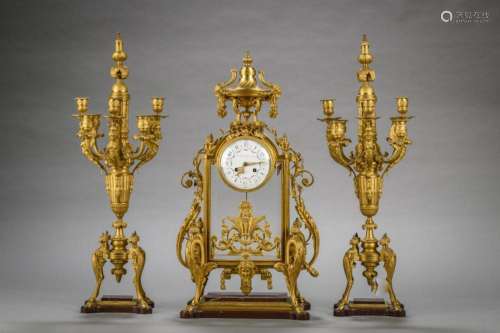 Barbedienne: gilded bronze clock set in Louis XVI style (64x...