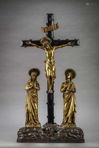 Gothic Revival Calvary statue in gilt bronze, stone and wood...