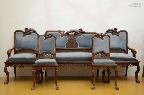 A five-part lounge set in Chinoisant style, circa 1900 (sofa...