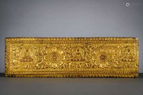 Rare prayer cover in gilt copper, Tibet or Nepal 13th - 14th...