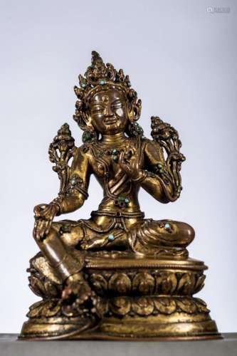 A gilt statue 'green Tara', Tibet 16th century (h 15...
