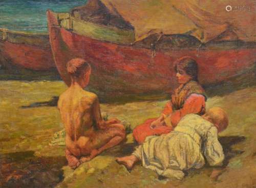 Delville: painting (o/c) 'Children on the beach' (10...