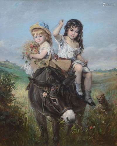 Béguin: painting (o/c) 'Girls with a donkey' (87x71c...