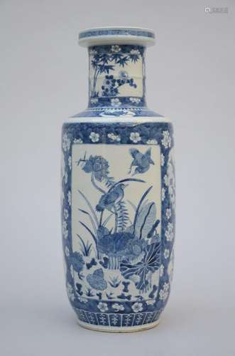 Chinese rouleau vase in blue and white porcelain 'flower...