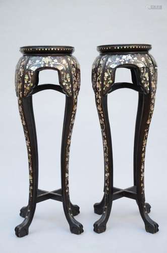 A pair of Chinese hardwood stands with mother-of-pearl inlay...