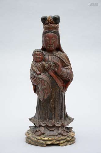 Chinese mother with child in polychrome wood (H60cm)