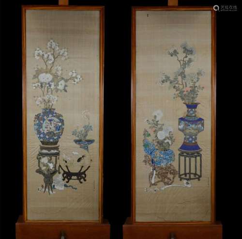 A pair of Chinese paintings on silk 'antiquities' (*...