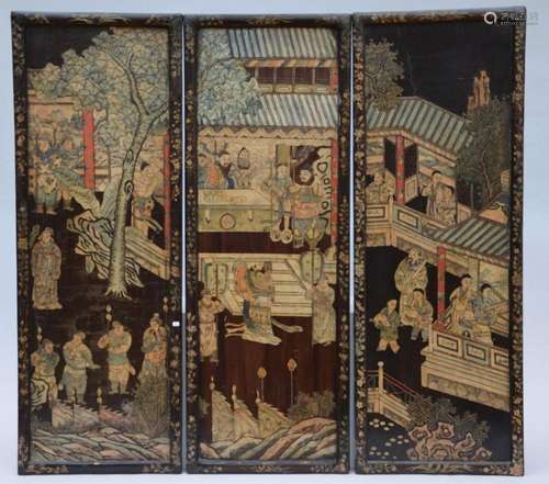 Three panels in Coromandel lacquer 'audience' (113x4...