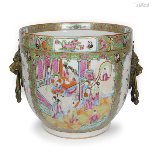 Large Chinese Export Famille Rose Bowl With Metal Handles, 1...