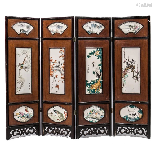 Four Panel Enamelled Porcelain Plaque Screen