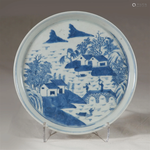 19th C. Blue & White Landscape Porcelain Dish