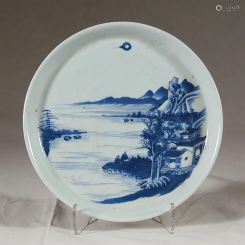 19th C. Blue & White Landscape Porcelain Dish