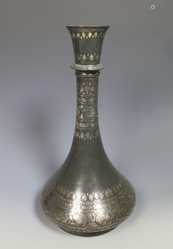 18th C. Indian Birdi Ware Silver Inlaid Hukka Vessel