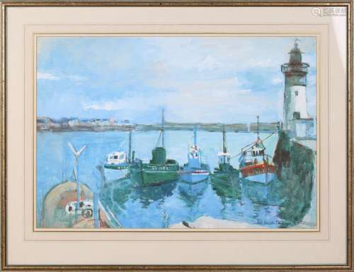 Faith Sheppard - Harbour Scene with Fishing Boats and Lighth...