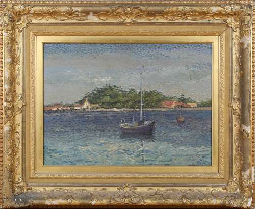 Follower of Louis Hayet - Seascape with Sailing Vessel and C...