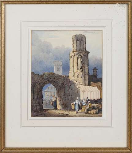 Samuel Prout - Continental Scene with Medieval Ruins and Mar...