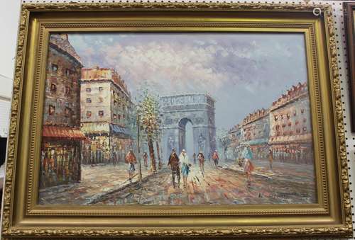 French School - Parisian Street Scene with the Arc de Triomp...