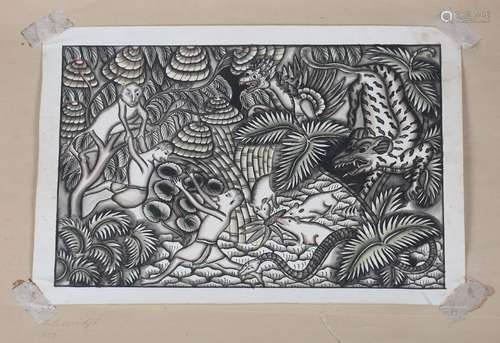 Ida Bagus Made Widja - Jungle Scene with Animals and Figures